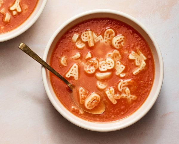 alpha alphabet soup spoon bowl creamy tomato hot steam steamy taste bite eat meal